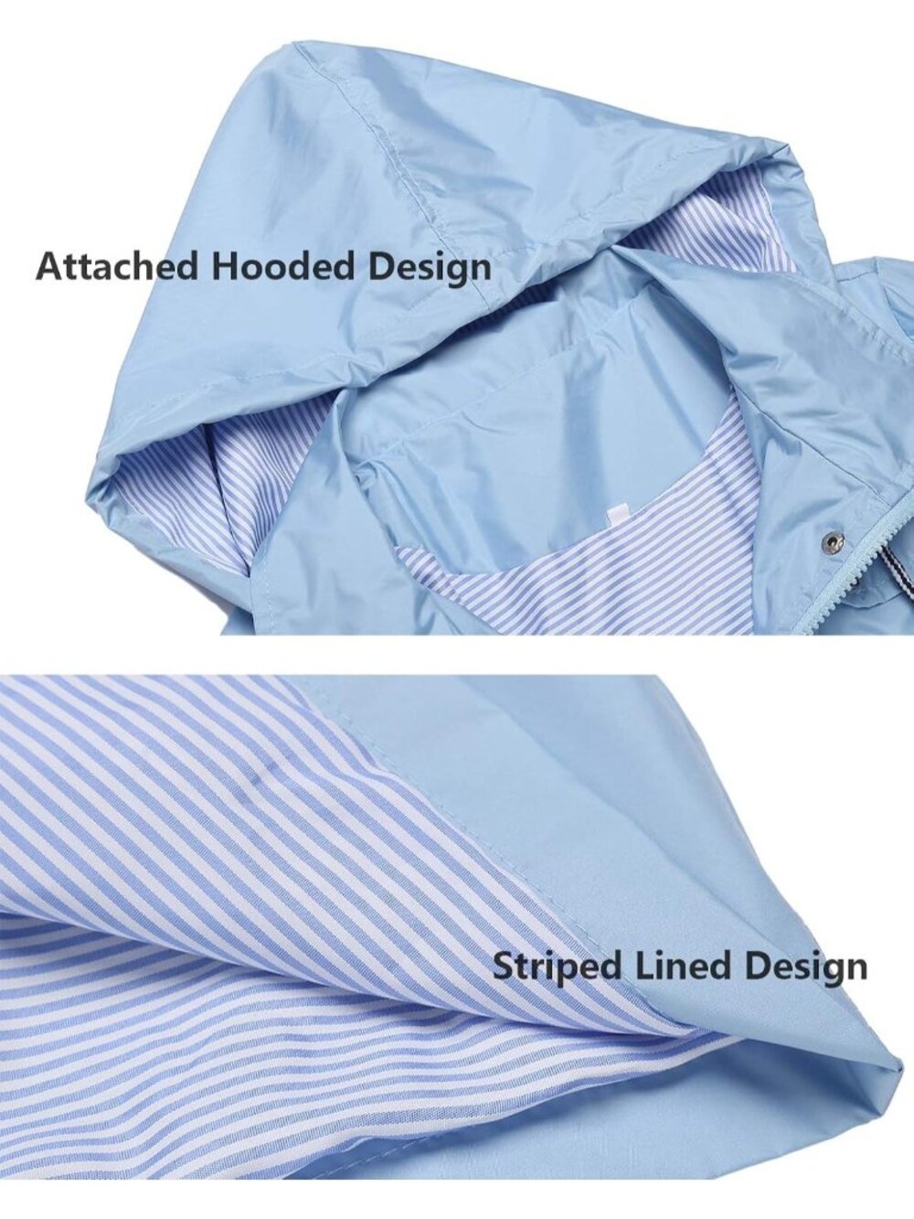 Women's Sky Blue Hooded Striped Lined Waterproof Hiking Packable Rain Jacket - Picture 5 of 6